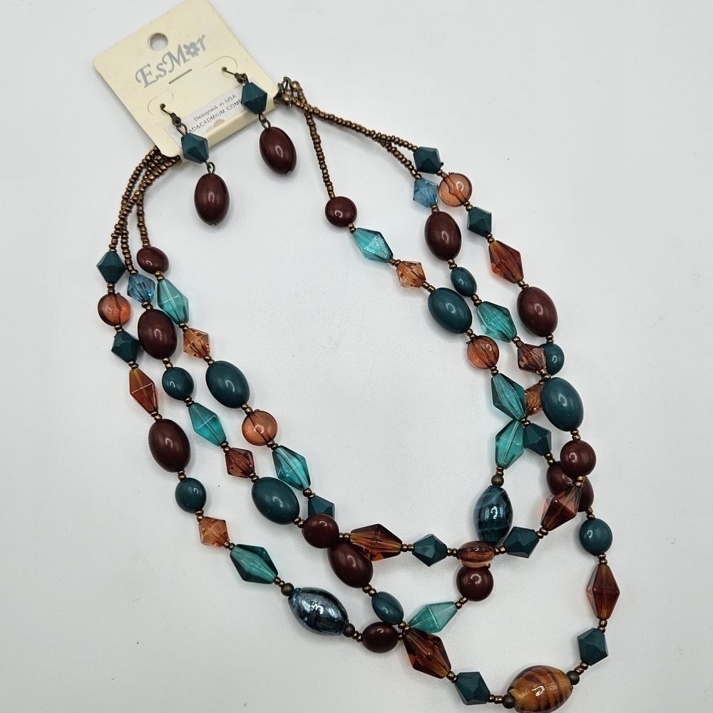 NEW VINTAGE EsMor Brown and Teal Plastic Triple Strand Necklace and Earrings Set
